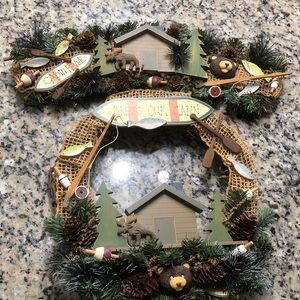Rustic Cabin Lodge Wreath and Valance- Bear Moose Fish Pinecone Tree
